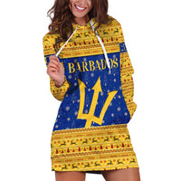 Barbados Christmas Hoodie Dress with Blue Yellow Xmas Trident Santa and Reindeer - Wonder Print Shop
