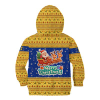 Barbados Christmas Kid Hoodie with Blue Yellow Xmas Trident Santa and Reindeer - Wonder Print Shop