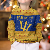 Barbados Christmas Kid Ugly Christmas Sweater with Blue Yellow Xmas Trident Santa and Reindeer - Wonder Print Shop