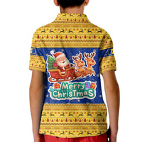 Barbados Christmas Kid Polo Shirt with Blue Yellow Xmas Trident Santa and Reindeer - Wonder Print Shop