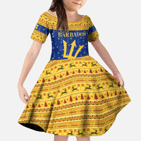 Barbados Christmas Kid Short Sleeve Dress with Blue Yellow Xmas Trident Santa and Reindeer - Wonder Print Shop