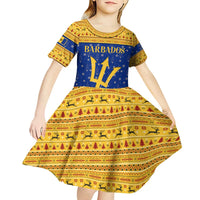 Barbados Christmas Kid Short Sleeve Dress with Blue Yellow Xmas Trident Santa and Reindeer - Wonder Print Shop