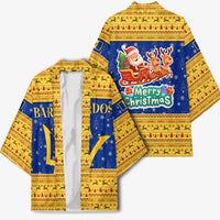 Barbados Christmas Kimono with Blue Yellow Xmas Trident Santa and Reindeer - Wonder Print Shop