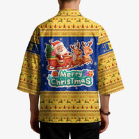Barbados Christmas Kimono with Blue Yellow Xmas Trident Santa and Reindeer - Wonder Print Shop