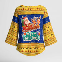 Barbados Christmas Kimono Sleeve Blouse with Blue Yellow Xmas Trident Santa and Reindeer - Wonder Print Shop