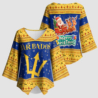 Barbados Christmas Kimono Sleeve Blouse with Blue Yellow Xmas Trident Santa and Reindeer - Wonder Print Shop