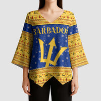 Barbados Christmas Kimono Sleeve Blouse with Blue Yellow Xmas Trident Santa and Reindeer - Wonder Print Shop