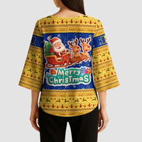 Barbados Christmas Kimono Sleeve Blouse with Blue Yellow Xmas Trident Santa and Reindeer - Wonder Print Shop