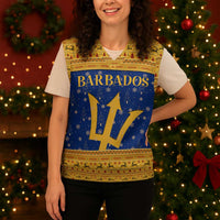 Barbados Christmas Knitted V-Neck Vest with Blue Yellow Xmas Trident Santa and Reindeer - Wonder Print Shop