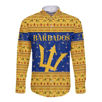 Barbados Christmas Long Sleeve Button Shirt with Blue Yellow Xmas Trident Santa and Reindeer - Wonder Print Shop