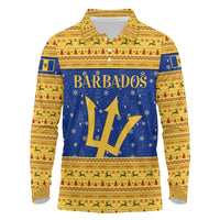 Barbados Christmas Long Sleeve Polo Shirt with Blue Yellow Xmas Trident Santa and Reindeer - Wonder Print Shop