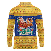 Barbados Christmas Long Sleeve Polo Shirt with Blue Yellow Xmas Trident Santa and Reindeer - Wonder Print Shop
