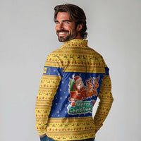 Barbados Christmas Long Sleeve Polo Shirt with Blue Yellow Xmas Trident Santa and Reindeer - Wonder Print Shop