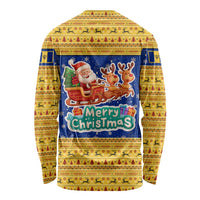 Barbados Christmas Long Sleeve Shirt with Blue Yellow Xmas Trident Santa and Reindeer - Wonder Print Shop
