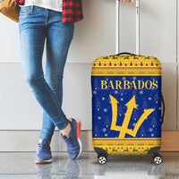 Barbados Christmas Luggage Cover with Blue Yellow Xmas Trident Santa and Reindeer - Wonder Print Shop