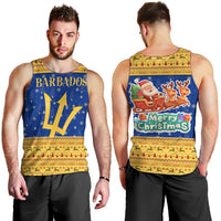 Barbados Christmas Men Tank Top with Blue Yellow Xmas Trident Santa and Reindeer - Wonder Print Shop