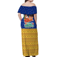 Barbados Christmas Off Shoulder Maxi Dress with Blue Yellow Xmas Trident Santa and Reindeer - Wonder Print Shop