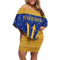 Barbados Christmas Off Shoulder Short Dress with Blue Yellow Xmas Trident Santa and Reindeer - Wonder Print Shop