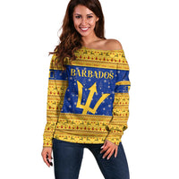 Barbados Christmas Off Shoulder Sweater with Blue Yellow Xmas Trident Santa and Reindeer - Wonder Print Shop
