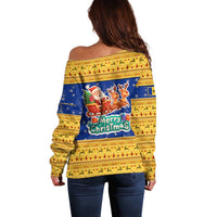 Barbados Christmas Off Shoulder Sweater with Blue Yellow Xmas Trident Santa and Reindeer - Wonder Print Shop