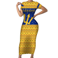 Barbados Christmas Short Sleeve Bodycon Dress with Blue Yellow Xmas Trident Santa and Reindeer - Wonder Print Shop