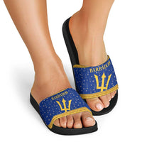 Barbados Christmas Slide Sandals with Blue Yellow Xmas Trident Santa and Reindeer - Wonder Print Shop