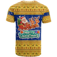 Barbados Christmas T Shirt with Blue Yellow Xmas Trident Santa and Reindeer - Wonder Print Shop