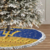 Barbados Christmas Tree Skirt with Blue Yellow Xmas Trident Santa and Reindeer - Wonder Print Shop