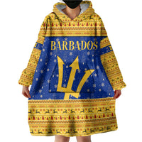 Barbados Christmas Wearable Blanket Hoodie with Blue Yellow Xmas Trident Santa and Reindeer - Wonder Print Shop