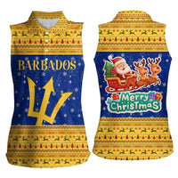 Barbados Christmas Women Sleeveless Polo Shirt with Blue Yellow Xmas Trident Santa and Reindeer - Wonder Print Shop