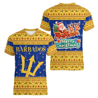 Barbados Christmas Women V-Neck T-Shirt with Blue Yellow Xmas Trident Santa and Reindeer - Wonder Print Shop