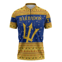 Barbados Christmas Zipper Polo Shirt with Blue Yellow Xmas Trident Santa and Reindeer - Wonder Print Shop