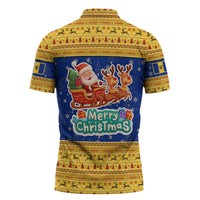 Barbados Christmas Zipper Polo Shirt with Blue Yellow Xmas Trident Santa and Reindeer - Wonder Print Shop