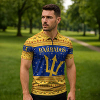 Barbados Christmas Zipper Polo Shirt with Blue Yellow Xmas Trident Santa and Reindeer - Wonder Print Shop