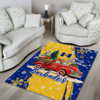 Barbados Christmas Area Rug with Blue Yellow Xmas Snowflakes Red Truck and Coat of Arms - Wonder Print Shop