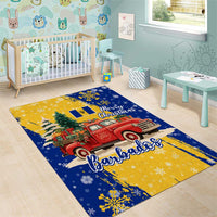Barbados Christmas Area Rug with Blue Yellow Xmas Snowflakes Red Truck and Coat of Arms - Wonder Print Shop