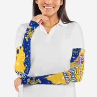 Barbados Christmas Arm Sleeves with Blue Yellow Xmas Snowflakes Red Truck and Coat of Arms - Wonder Print Shop