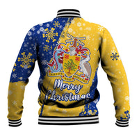 Barbados Christmas Baseball Jacket with Blue Yellow Xmas Snowflakes Red Truck and Coat of Arms - Wonder Print Shop