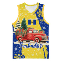 Barbados Christmas Basketball Jersey with Blue Yellow Xmas Snowflakes Red Truck and Coat of Arms - Wonder Print Shop