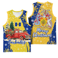 Barbados Christmas Basketball Jersey with Blue Yellow Xmas Snowflakes Red Truck and Coat of Arms - Wonder Print Shop