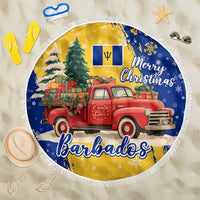 Barbados Christmas Beach Blanket with Blue Yellow Xmas Snowflakes Red Truck and Coat of Arms - Wonder Print Shop