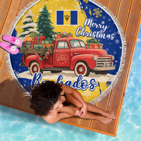 Barbados Christmas Beach Blanket with Blue Yellow Xmas Snowflakes Red Truck and Coat of Arms - Wonder Print Shop