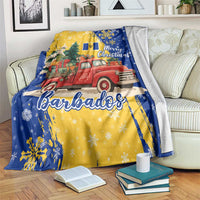 Barbados Christmas Blanket with Blue Yellow Xmas Snowflakes Red Truck and Coat of Arms - Wonder Print Shop
