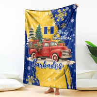 Barbados Christmas Blanket with Blue Yellow Xmas Snowflakes Red Truck and Coat of Arms - Wonder Print Shop