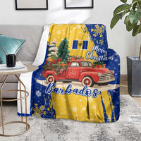Barbados Christmas Blanket with Blue Yellow Xmas Snowflakes Red Truck and Coat of Arms - Wonder Print Shop