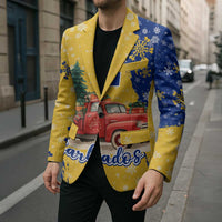 Barbados Christmas Blazer with Blue Yellow Xmas Snowflakes Red Truck and Coat of Arms - Wonder Print Shop