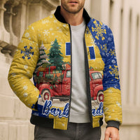Barbados Christmas Bomber Puffer Jacket with Blue Yellow Xmas Snowflakes Red Truck and Coat of Arms - Wonder Print Shop