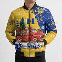 Barbados Christmas Bomber Puffer Jacket with Blue Yellow Xmas Snowflakes Red Truck and Coat of Arms - Wonder Print Shop