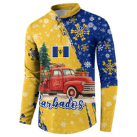 Barbados Christmas Button Sweatshirt with Blue Yellow Xmas Snowflakes Red Truck and Coat of Arms - Wonder Print Shop