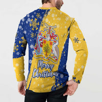 Barbados Christmas Button Sweatshirt with Blue Yellow Xmas Snowflakes Red Truck and Coat of Arms - Wonder Print Shop